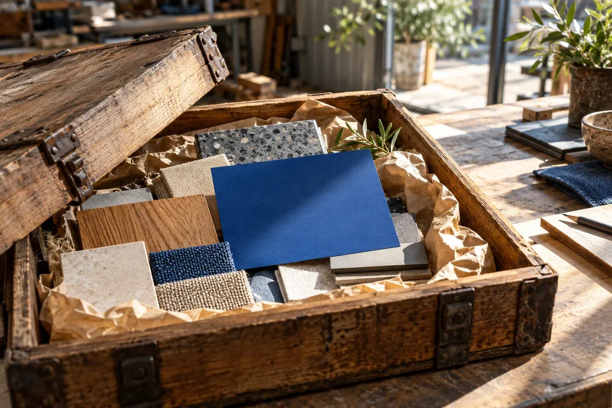 An old sealed crate opened to reveal a fresh blue enquiry card beside updated material samples, Australian summer workshop light.