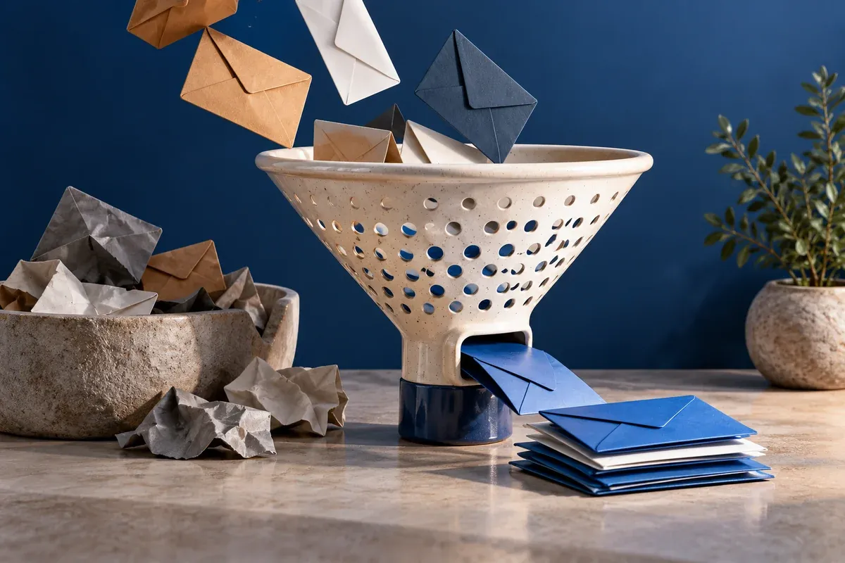 A ceramic filter sorts a small set of envelopes into a clear useful pile, playful yet premium studio composition in blue and clay.