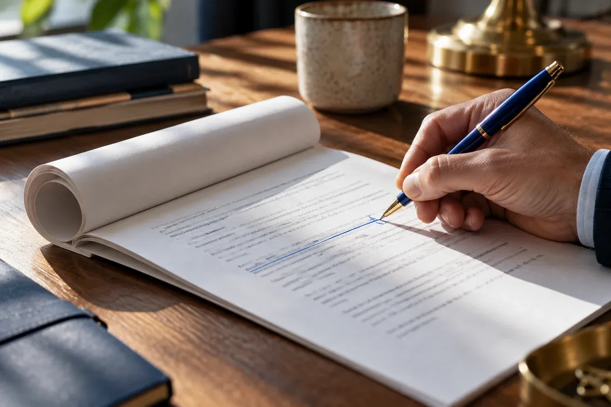 A blue pen marks one changed line on a rolled proposal while the rest remains neutral, side-lit close-up of paper texture.