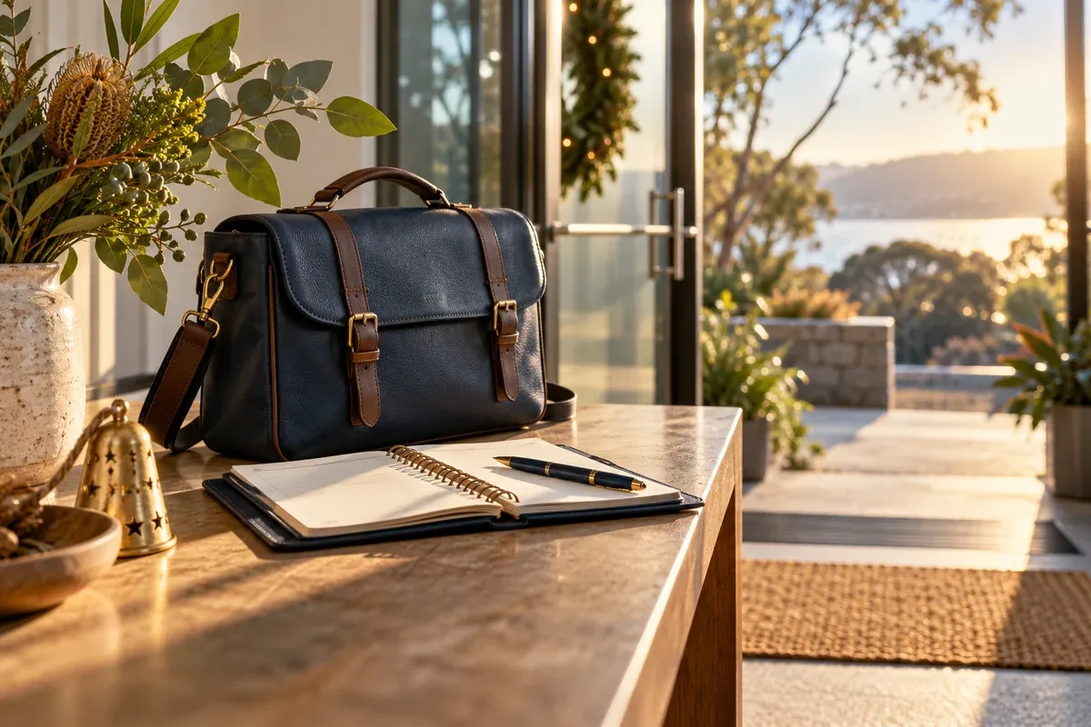 A small secure satchel holding an open-action notebook rests by a sunlit office exit, subtle native foliage and calm end-of-year feeling.