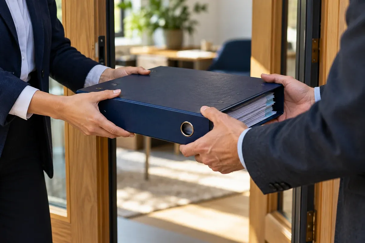 Two pairs of adult hands passing a single substantial navy binder across a light timber threshold, faces out of frame, natural documentary feeling.