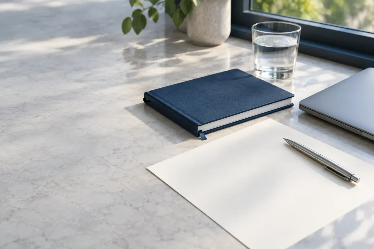 Navy notebook and pen prepared for a business enquiry.