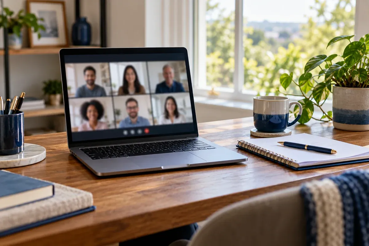 A 2021-style laptop with an abstract unidentifiable video-call silhouette beside a short agenda, home workspace by a bright window, no readable interface.