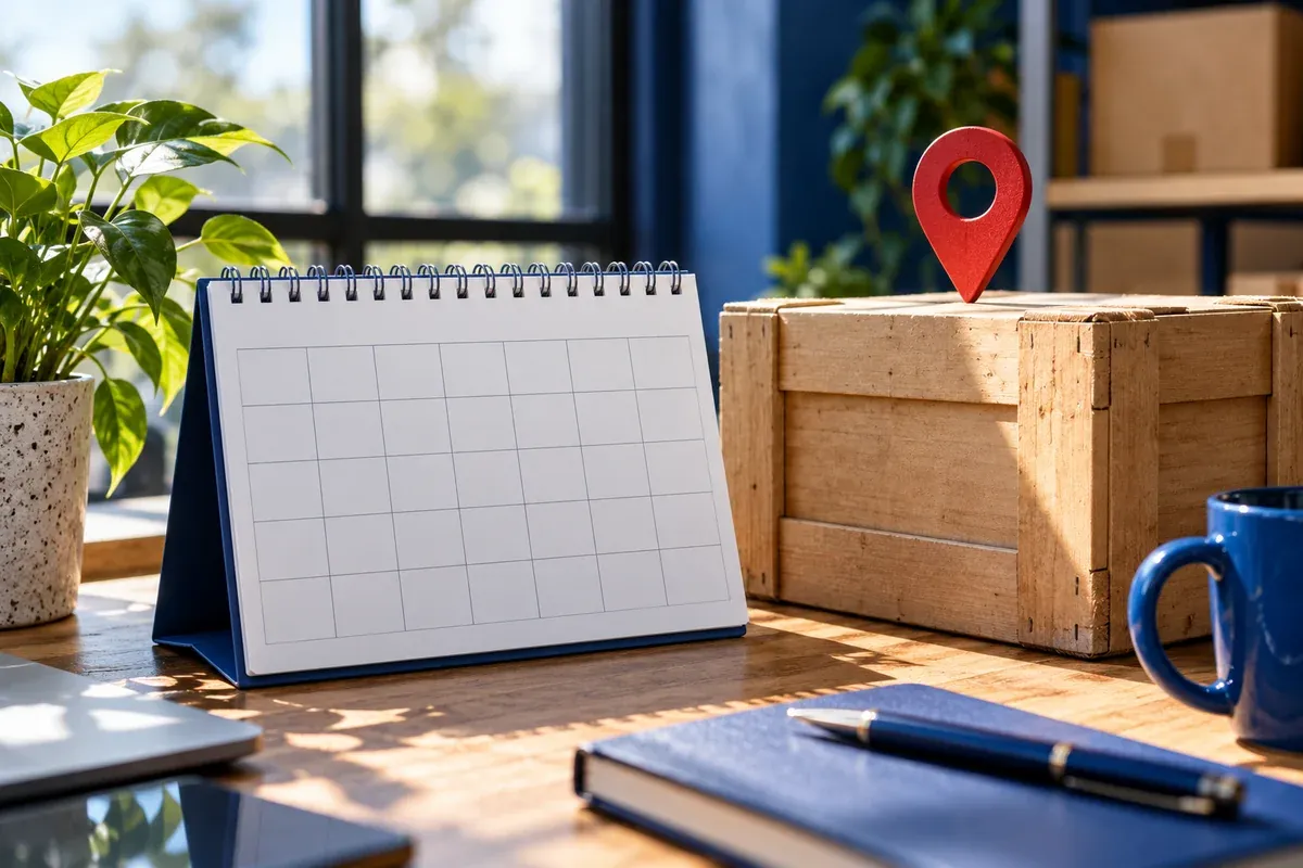 A realistic small desk calendar with plain empty squares beside a delivery crate and a red-free timing pin, strong oblique daylight.