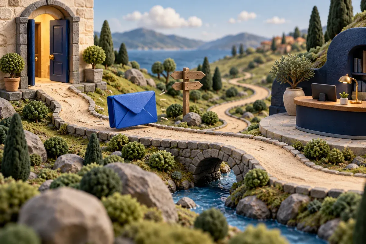 A single blue envelope travelling along a winding physical miniature pathway from a doorway to a reply desk, finely crafted clay landscape.
