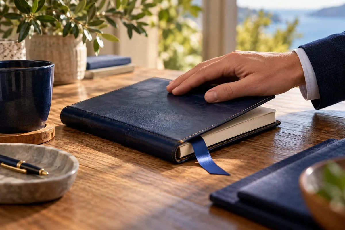 A bound decision journal being closed with one bookmark left for an unresolved item, warm timber and subtle summer greenery. AI-generated editorial illustration.