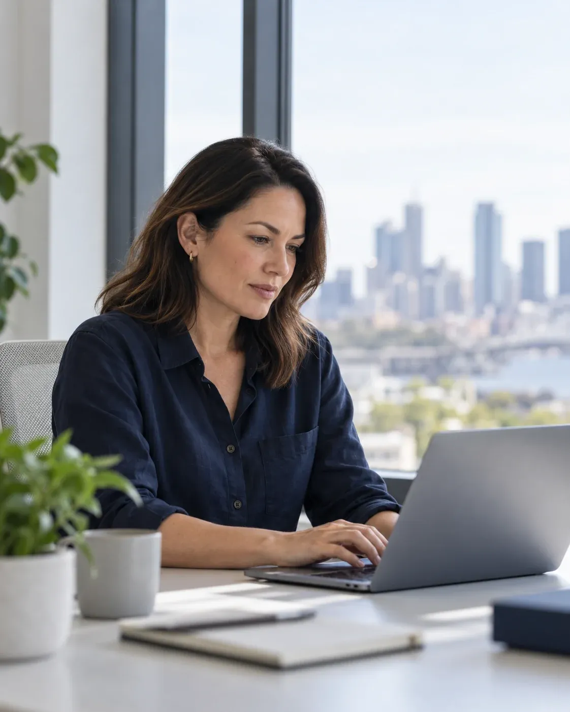 Business professional preparing an enquiry on a laptop.