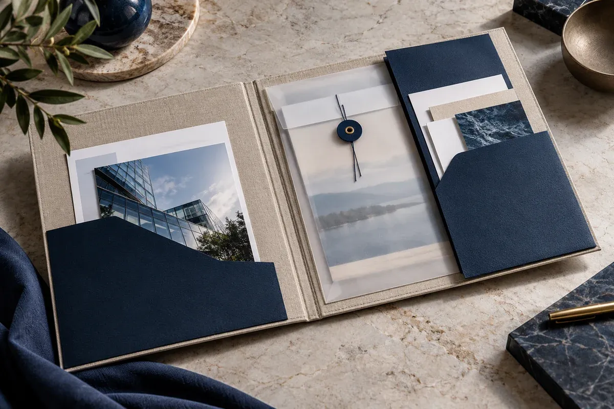 A linen presentation folder opened to reveal a carefully arranged contact sheet, evidence sleeve and document pocket, luxurious close-up on stone.