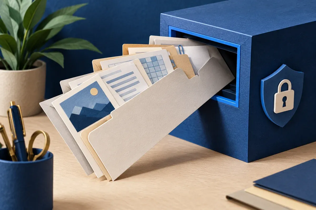 A fan of neutral file sleeves enters a secure outgoing tray through one selective slot, modern paper craftsmanship and cobalt accent.