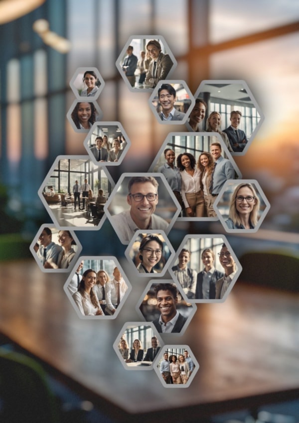 Collage image of many groups of people of various sizes smiling inside beehive-like cells