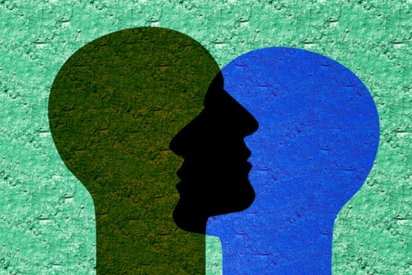 Graphic of two heads of different colors connected and looking toward and into each other