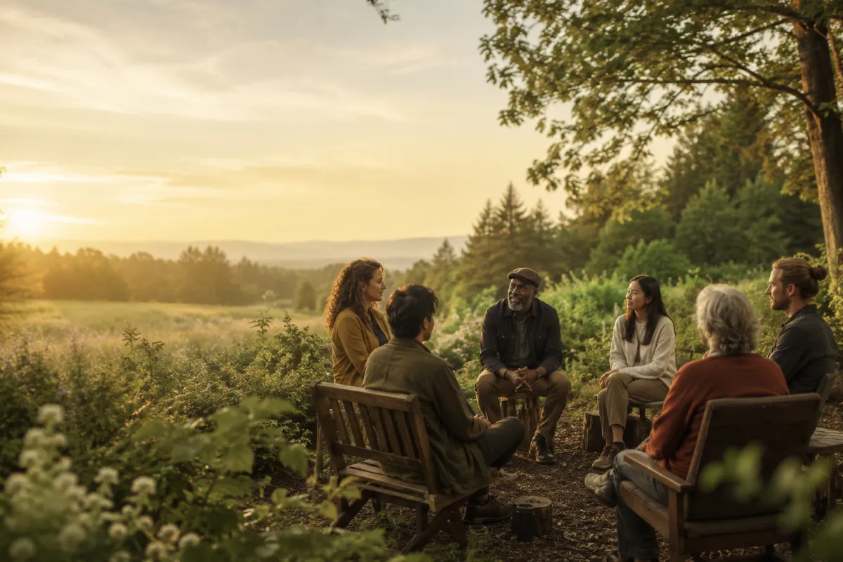 A group of people having a conversation out in nature sitting in a circle