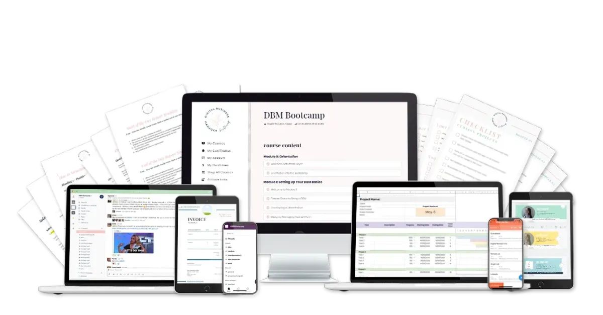 mockup of computer, laptop, tablets displaying what is included in the DBM Bootcamp