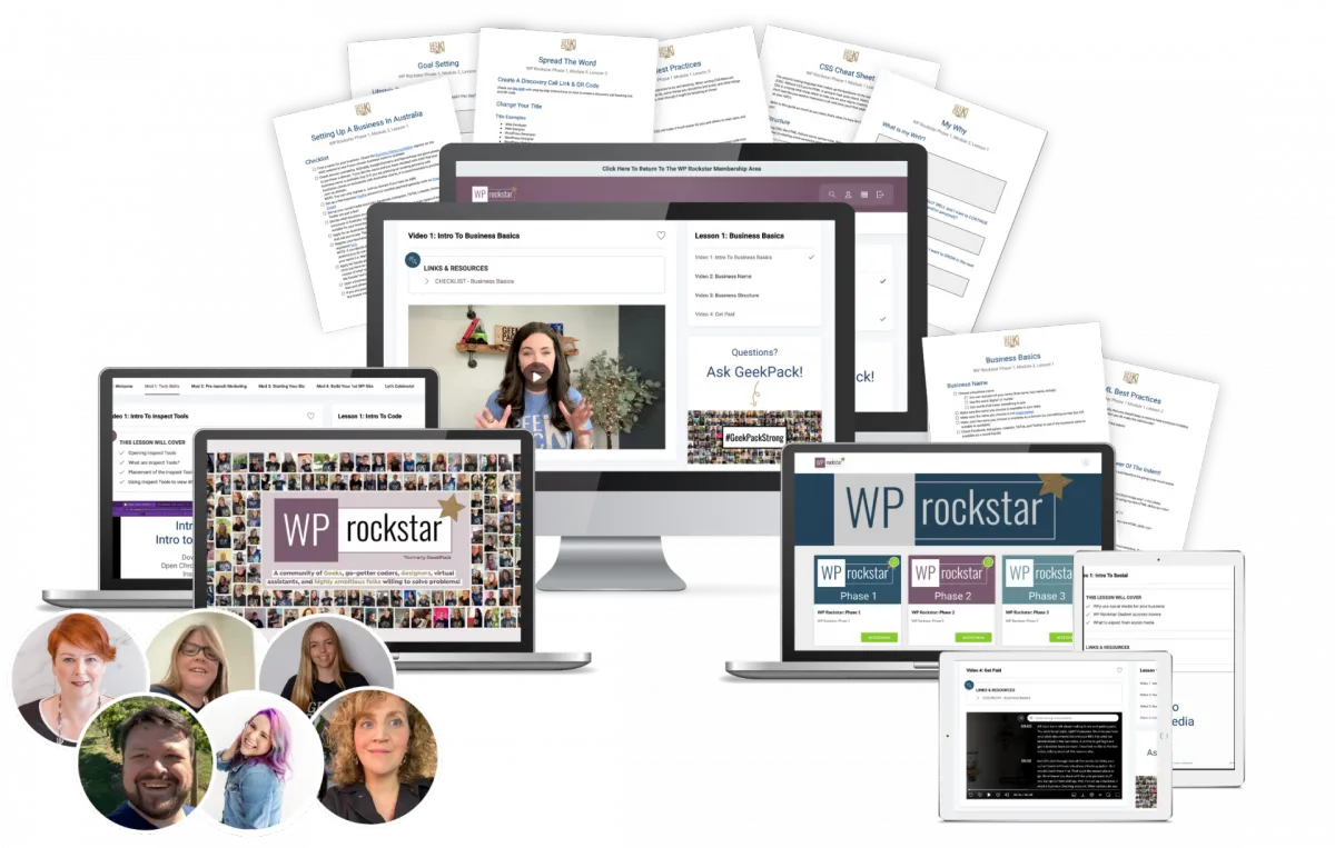 Mockup of computer, laptops and tablets dislaying what is included in the WPRockstar online wordpress web development online course