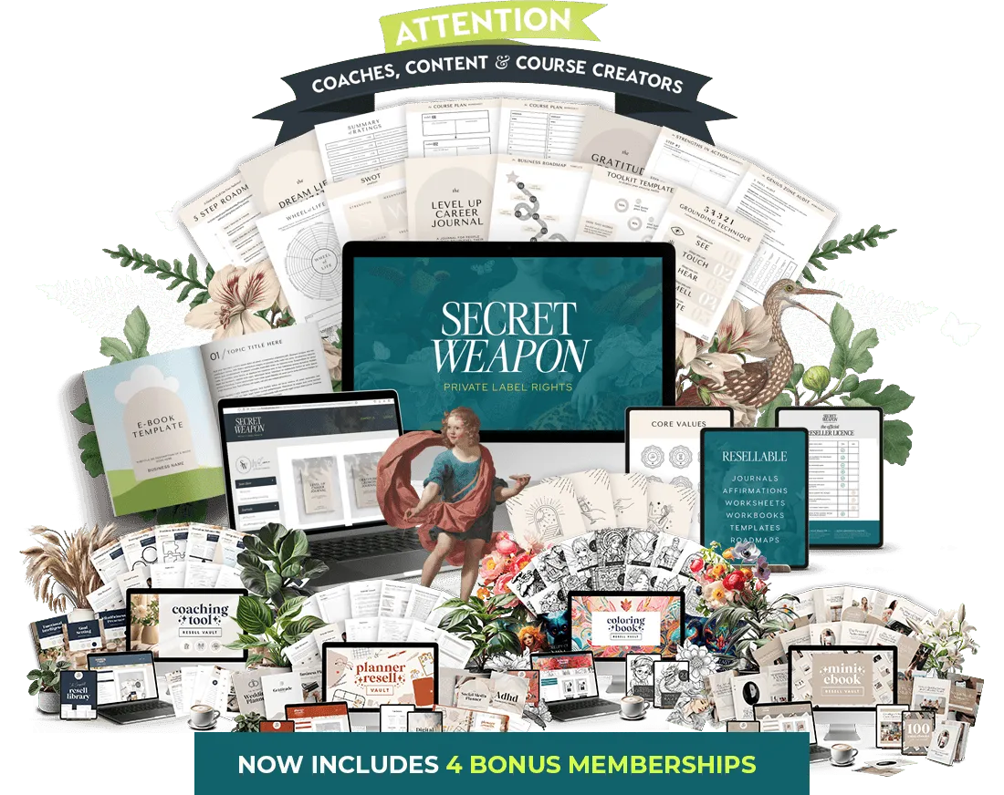 mockup of compuer, laptop and tablets displaying what is included in the secret weapon plr membership where you receive done for you digital products with private resell rights.