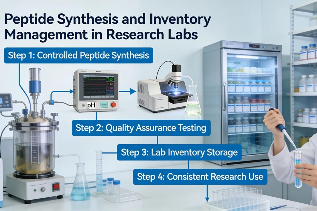Peptide research lab showing synthesis, quality testing, inventory storage and laboratory research workflow.