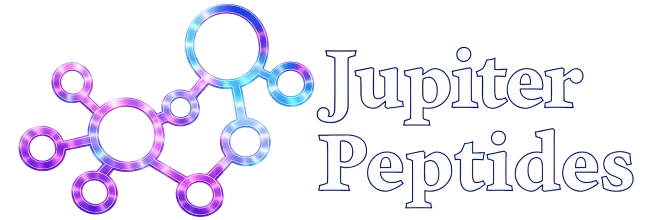 Jupiter Peptides logo featuring a glowing blue and purple molecular structure beside the company name.