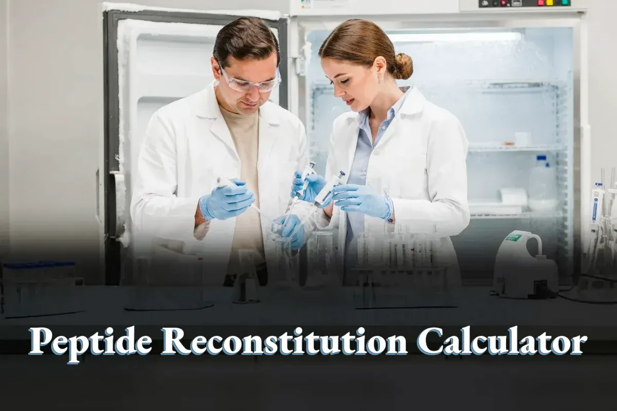 Researchers preparing peptide solutions in a laboratory using a peptide reconstitution calculator