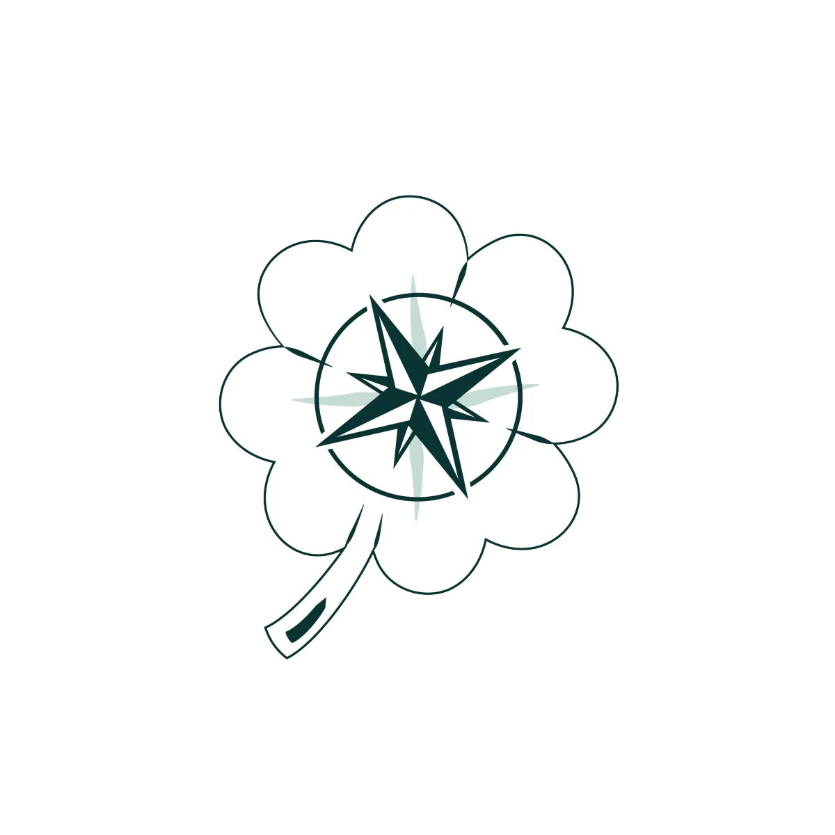 Logo bestehende aus einem vierblättigen Kleebatt und einem integrierten Kompass in der Mitte, negative Farb-Variante weißer Inhalt mit grünen Rahmenlinien