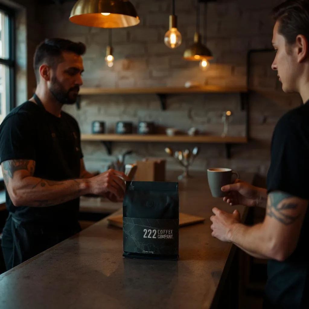 A close-up of a hand pouring freshly brewed coffee into a glass mug on a polished boardroom table, with a blurred background of a team in discussion. The scene highlights the role of coffee in fostering collaboration and productivity in a professional environment.