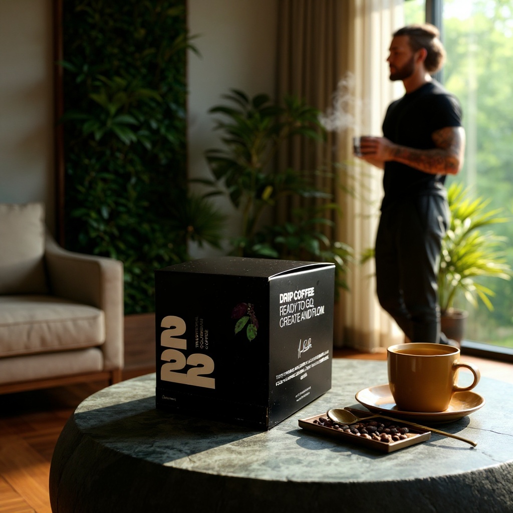 A wide, elegant office lounge with a modern espresso machine on a marble counter, glass mugs filled with rich coffee, and diverse professionals in business attire enjoying a tasting session. The setting is bright, with gold accents and lush green plants, evoking a sense of luxury and sophistication.