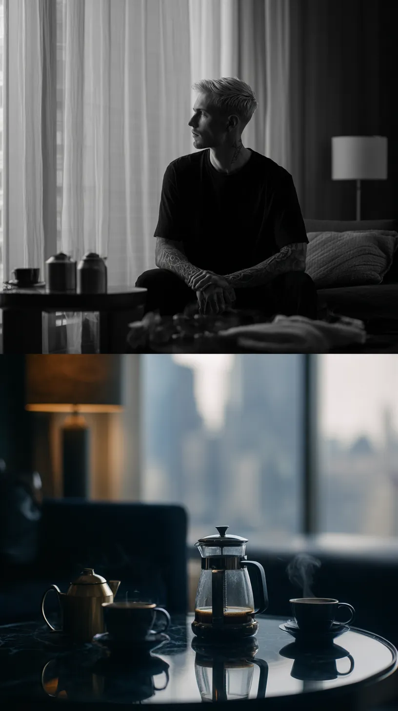 A flat lay of a branded quiz booklet, a gold pen, and a cup of artisan coffee on a textured linen surface. The arrangement is meticulously styled, with soft shadows and a muted color palette, conveying a sense of exclusivity and attention to detail.