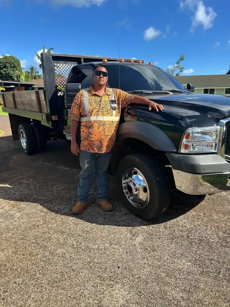Tyson Yamashita, Owner Of Kyani Equipment Services, on site with his work truck.