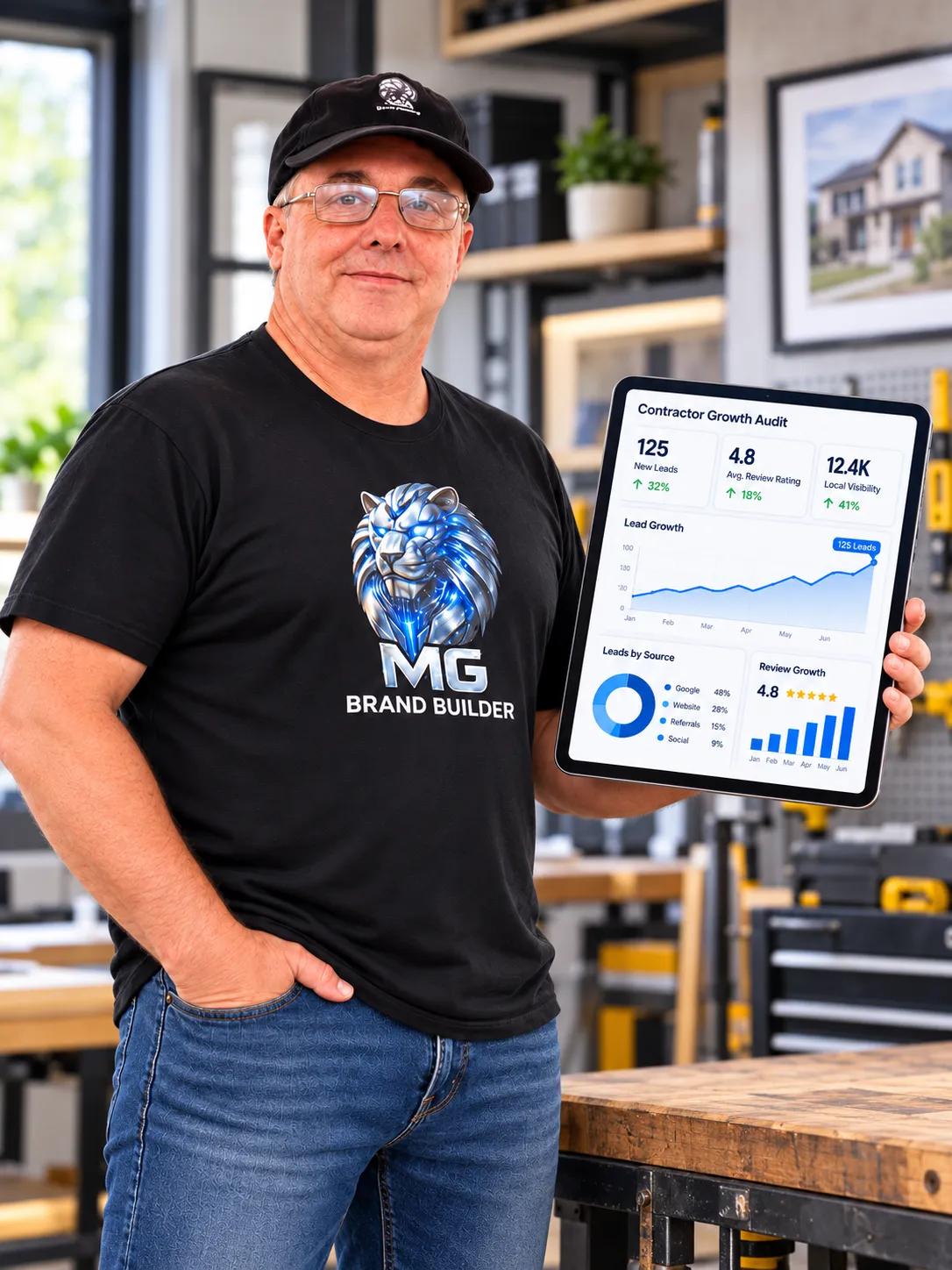 Professional contractor reviewing growth diagnostics on tablet