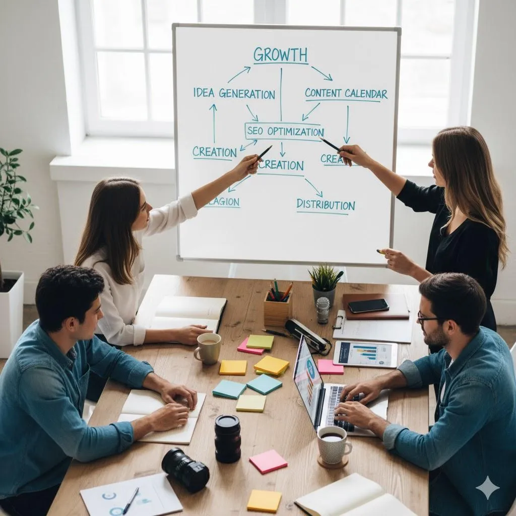 Content marketing services strategy session, drawing content funnels and SEO roadmap.