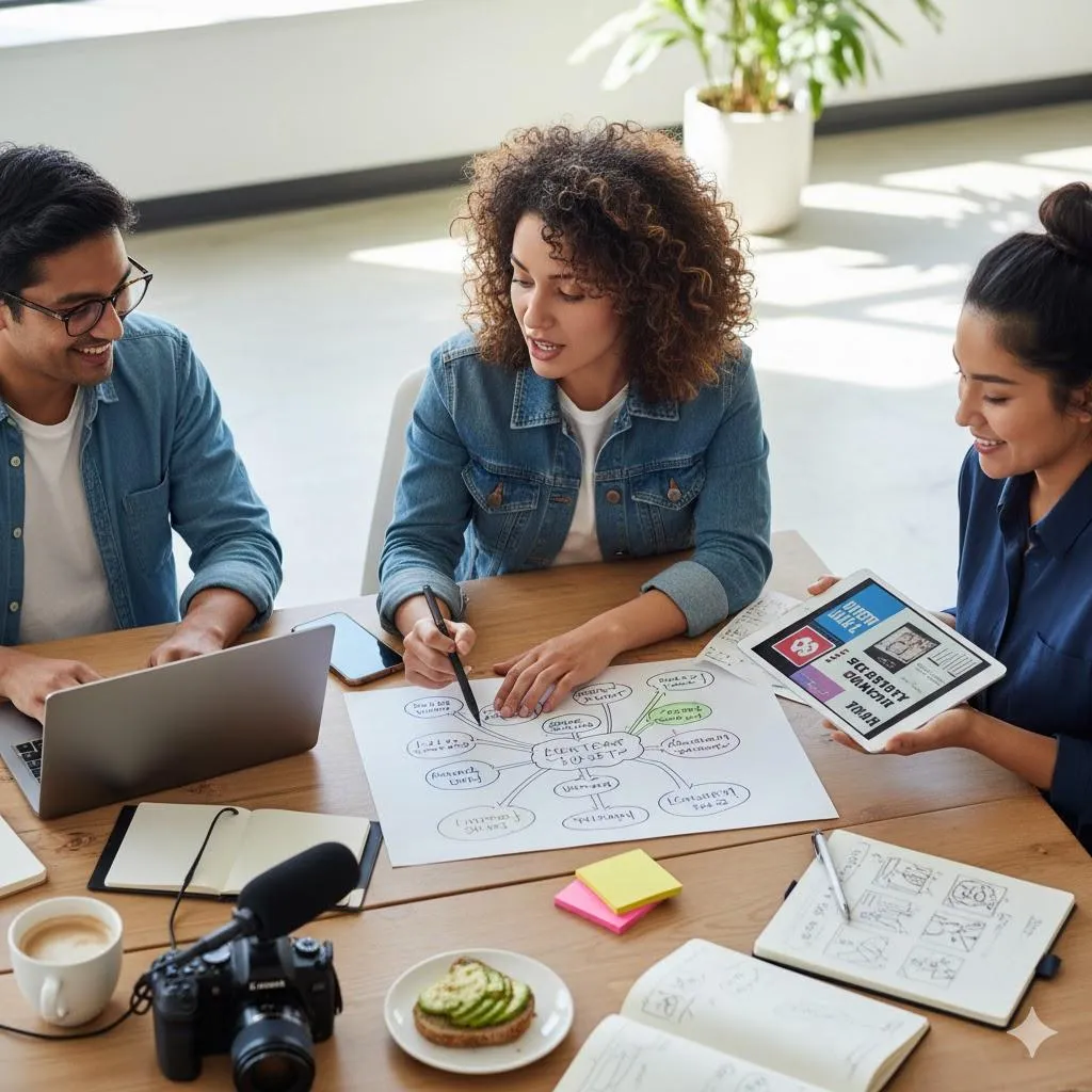 Collaborative content creation team developing a digital marketing growth strategy flowchart.