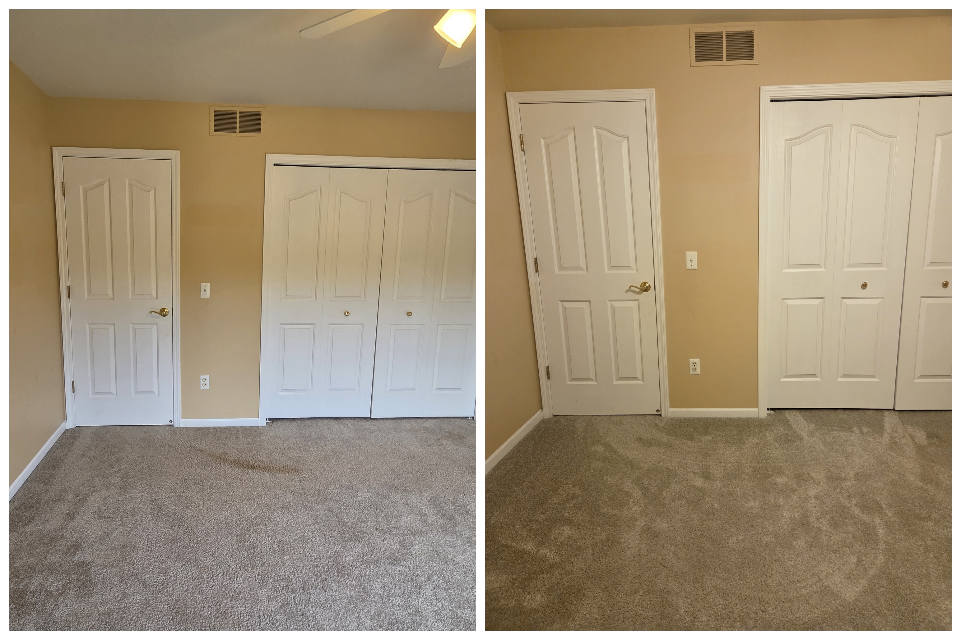Before and after of bedroom carpet cleaning during a move-out turnover