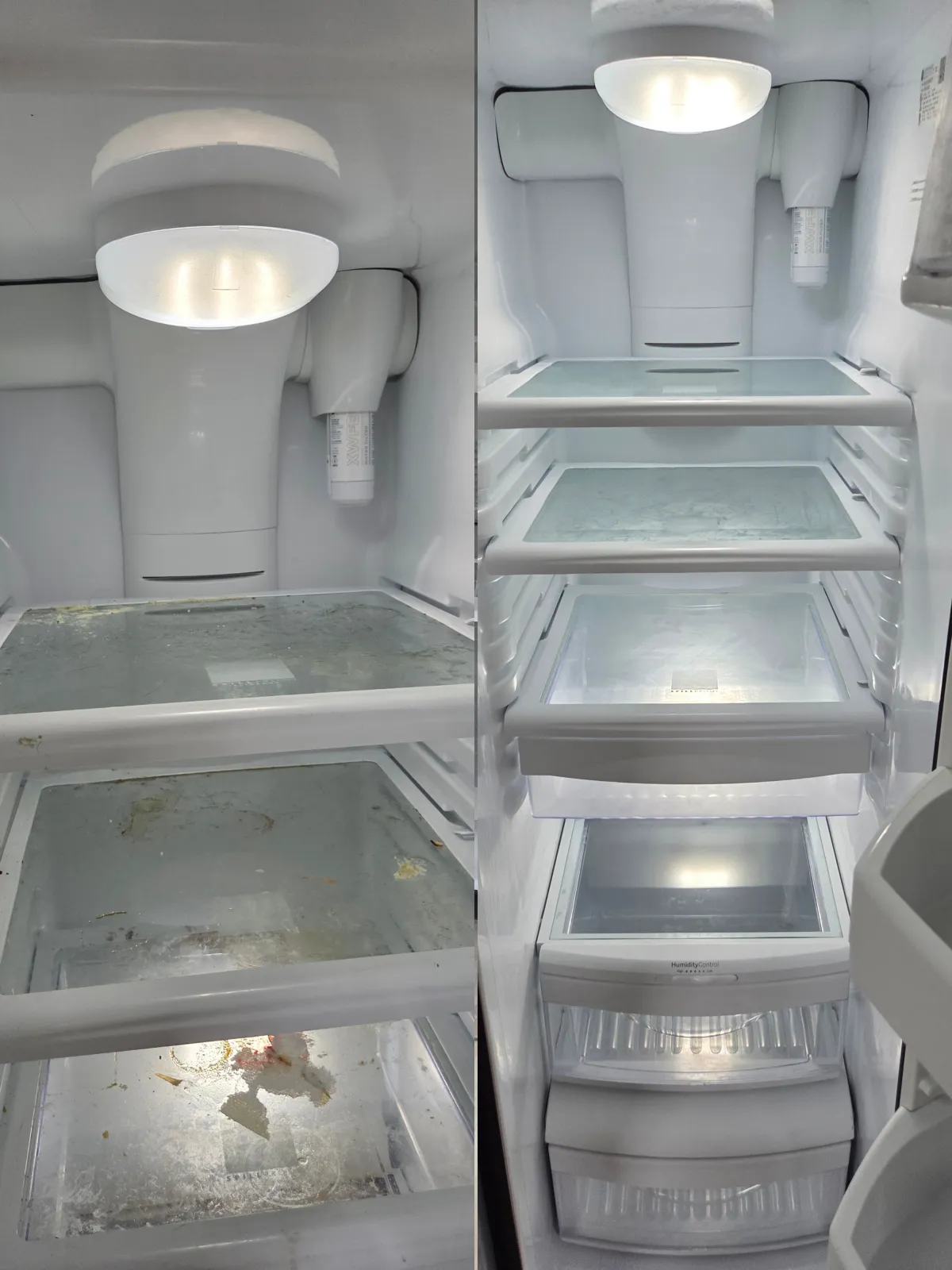 Before and after of a refrigerator interior deep clean with spotless glass shelves
