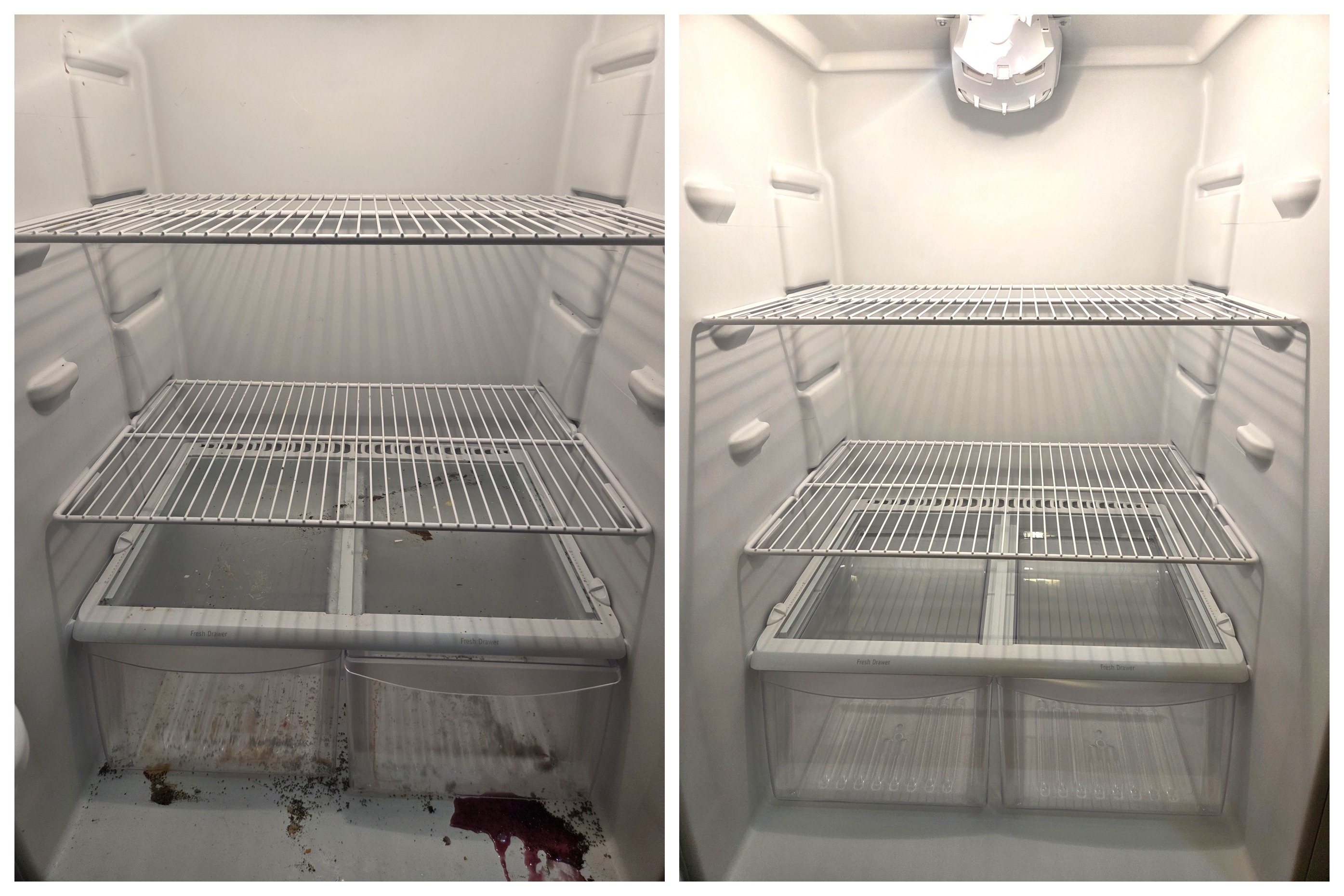 Before and after of refrigerator shelves and produce drawers cleaned after a spill