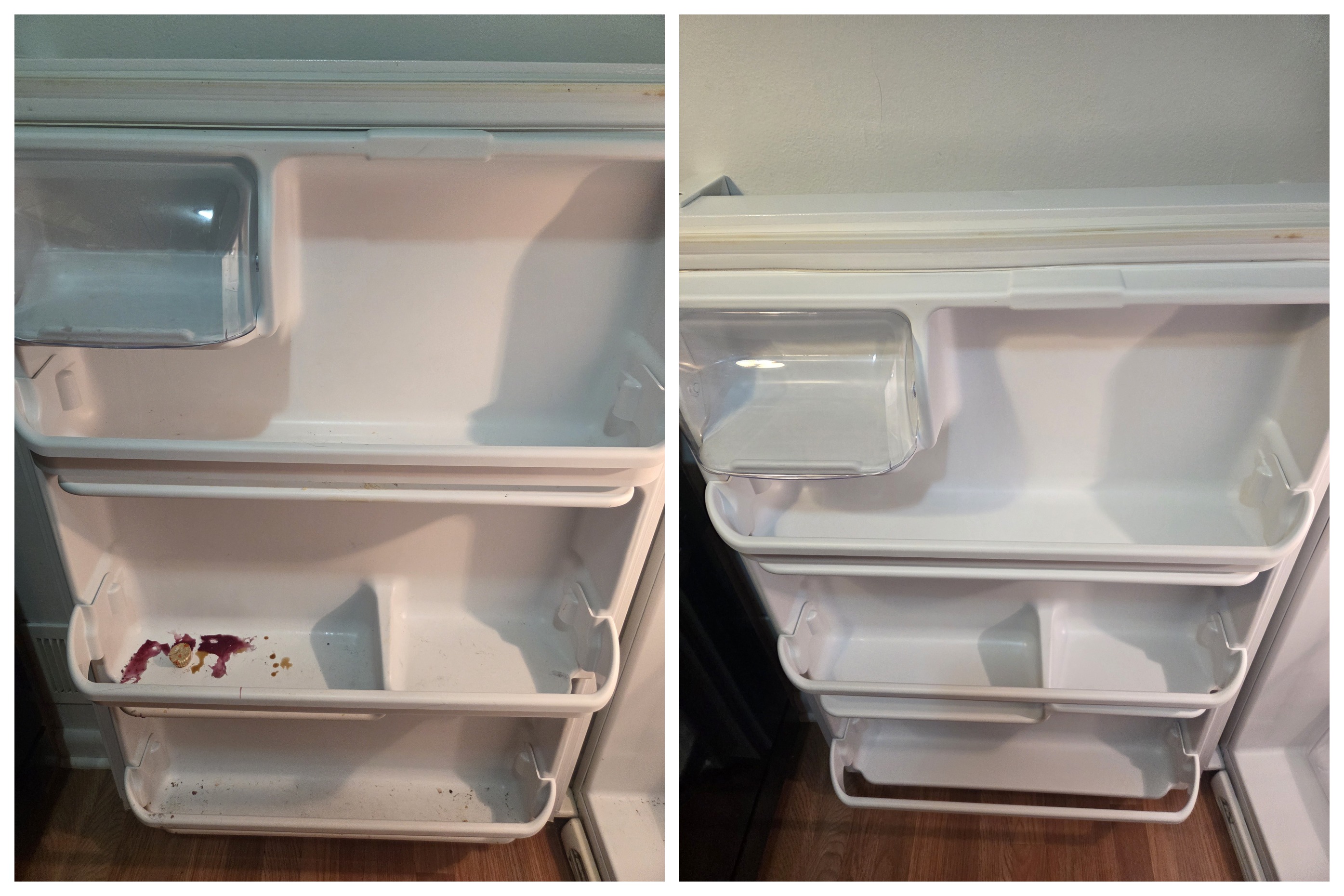 Before and after of refrigerator door bins cleaned and sanitized