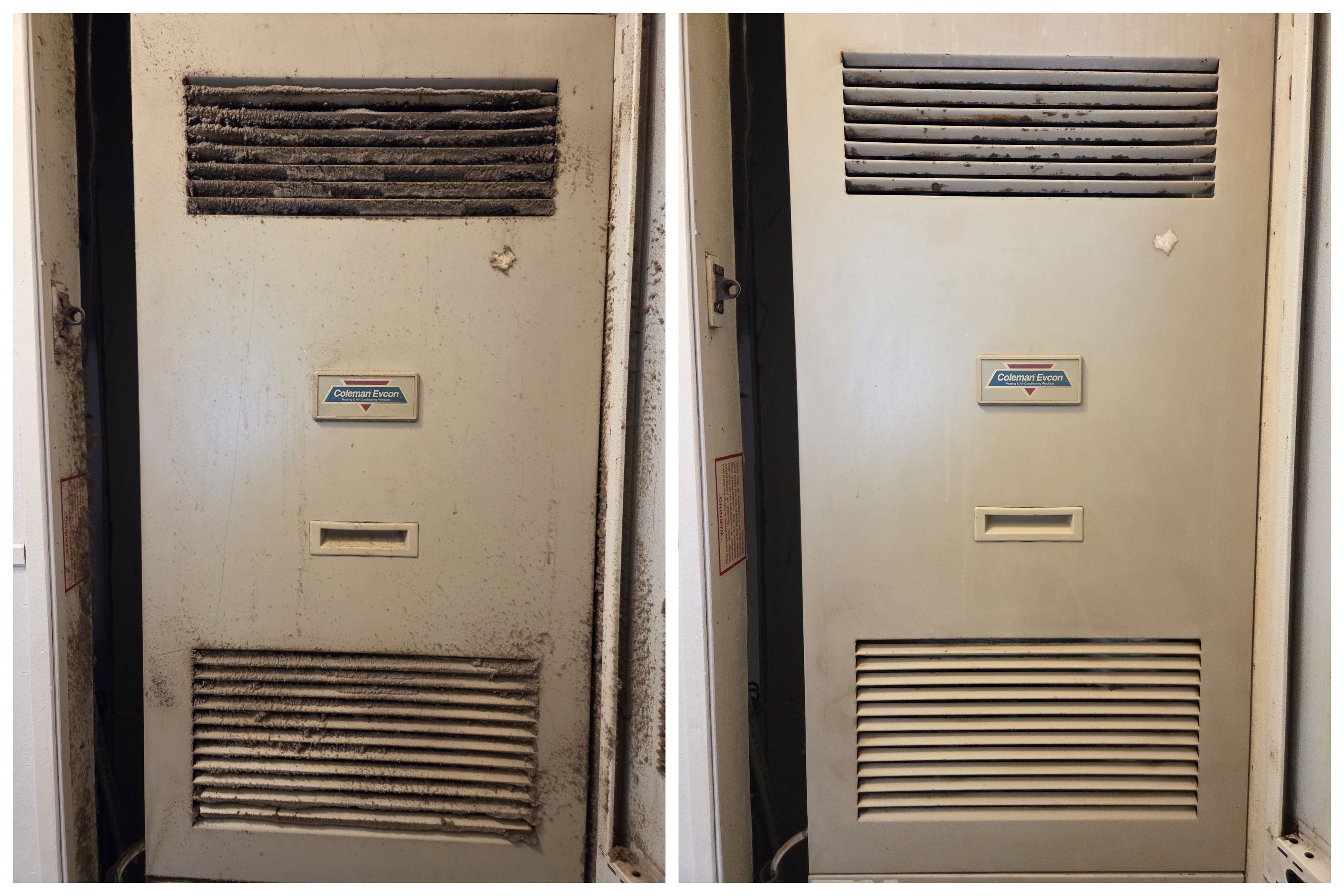 Before and after of furnace closet vents cleaned of heavy dust buildup