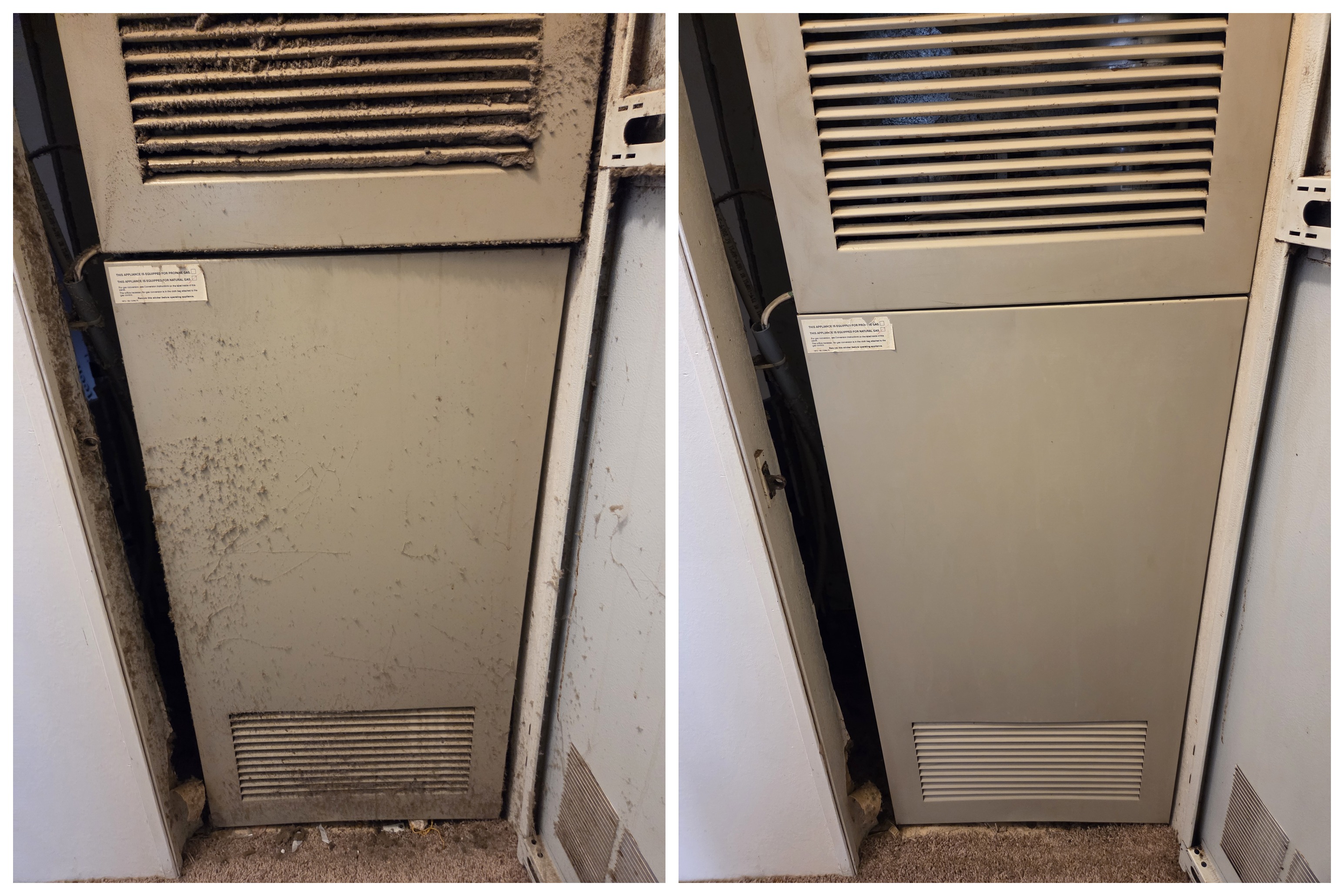 Before and after of a furnace cabinet detail cleaning
