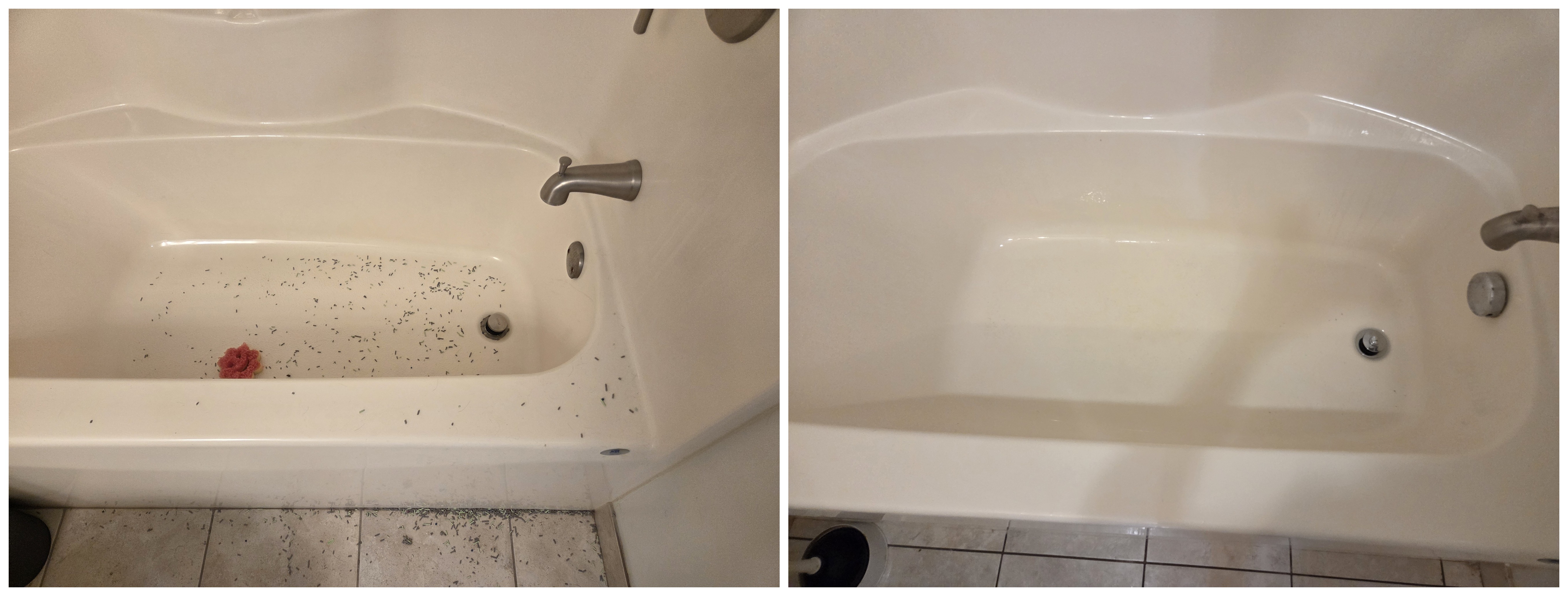 Before and after of a bathtub deep cleaned for move-in