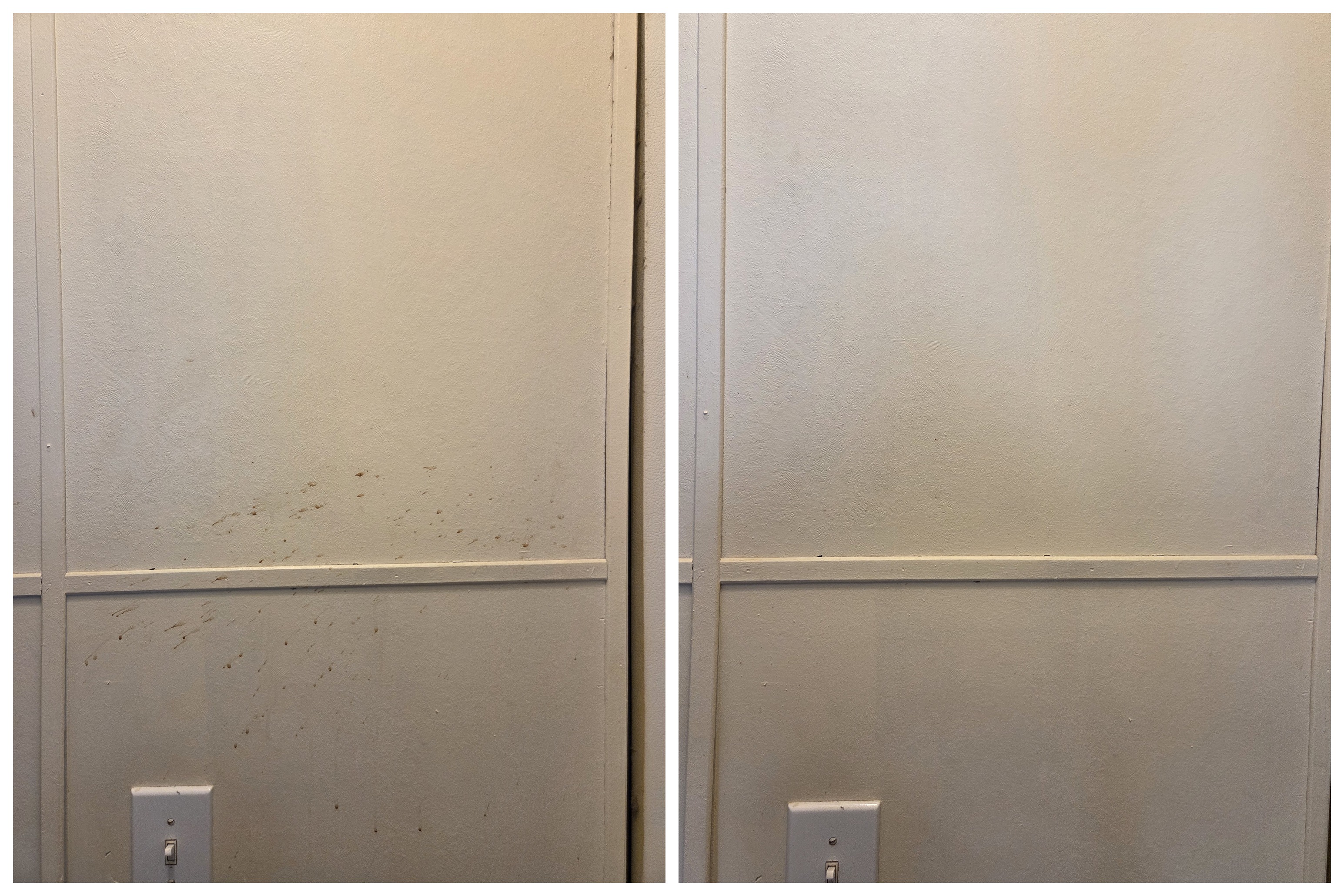 Before and after of wall spot cleaning removing splatter stains