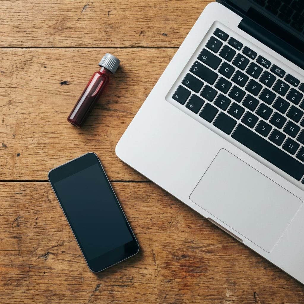 Bird's eye view of table with laptop, iphone, and vial of blood