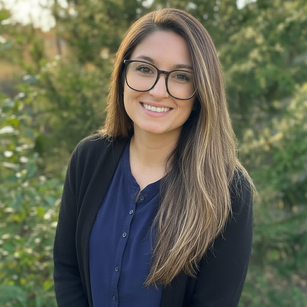 Professional woman with long, brown hair and glasses