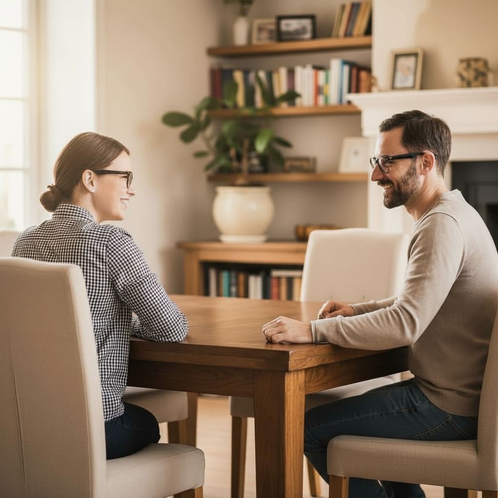Man and woman sitting at table talking