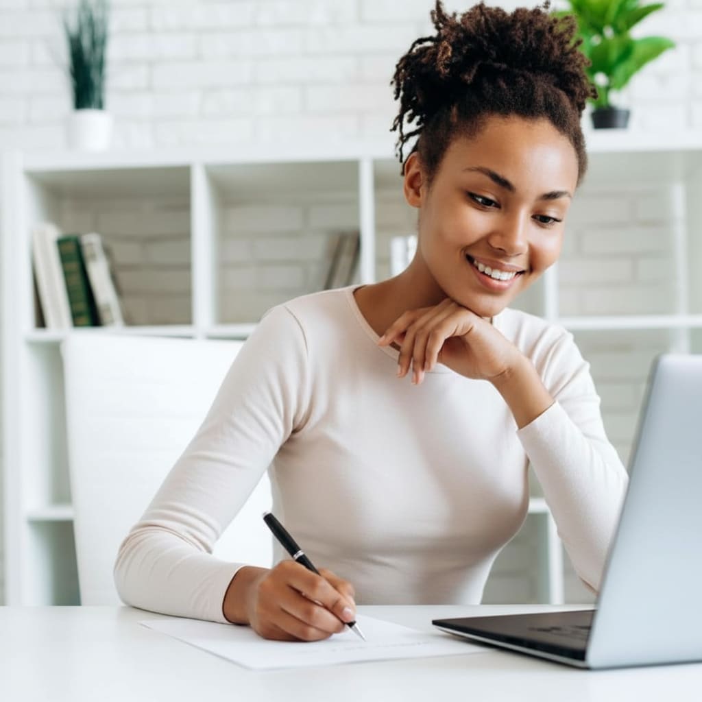 Young woman sitting at table, taking notes while on video call
