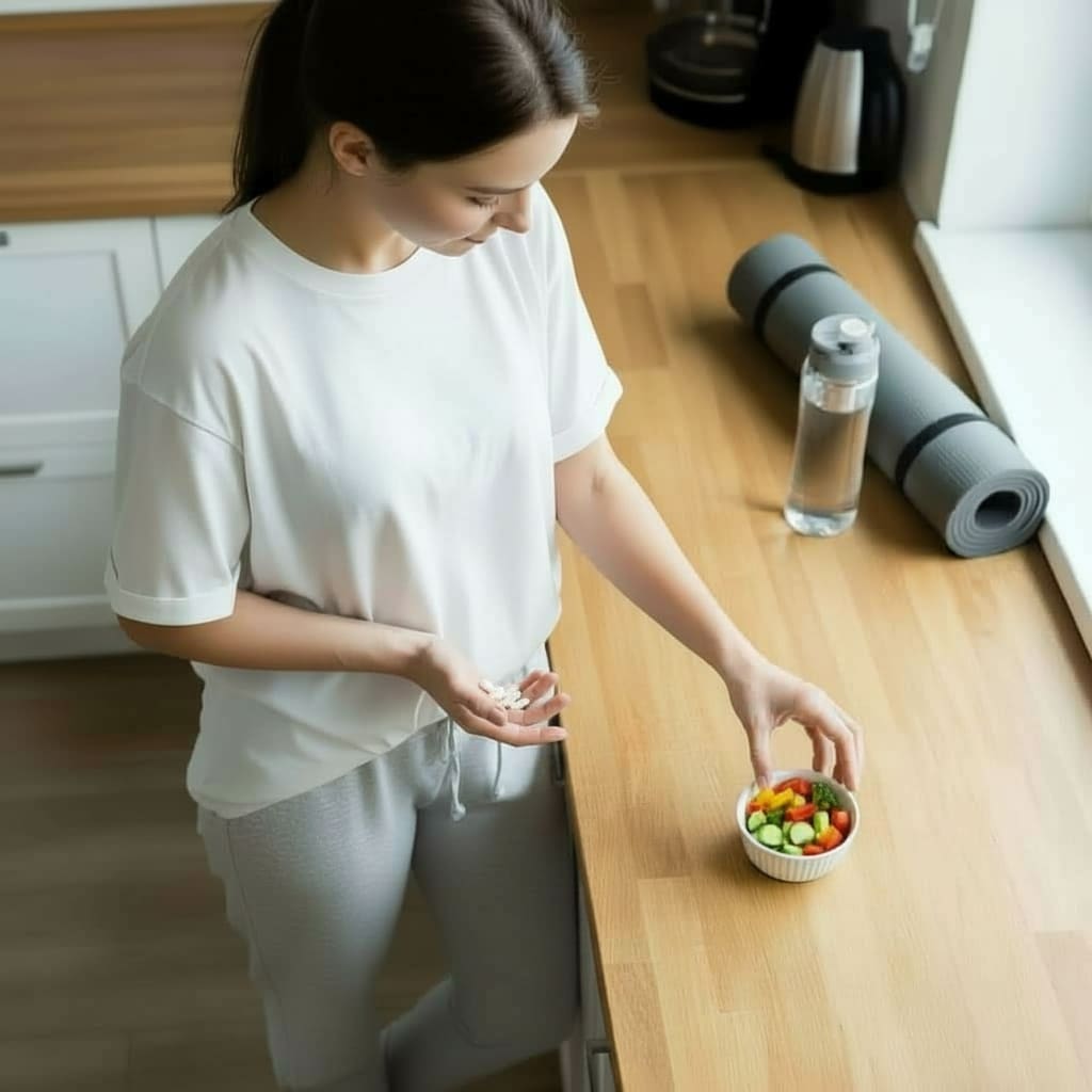 Bird's eye view of woman standing at counter with bowl of veggie, a yoga mat and water bottle, and vitamins in her hand