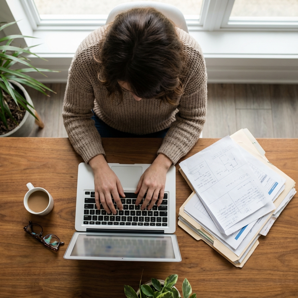 Bird's eye view of woman sitting at table with stack of files and cup of coffee, working on computer