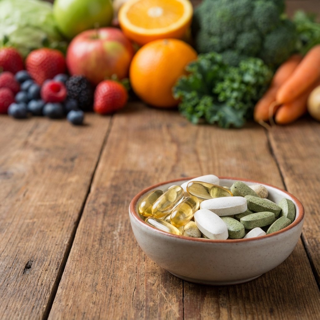 Bowl of vitamins with fruit & veggies in background