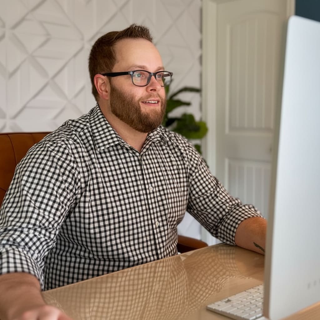 Dr. Brian sitting at desk, smiling, talking to a patient on a virtual computer call