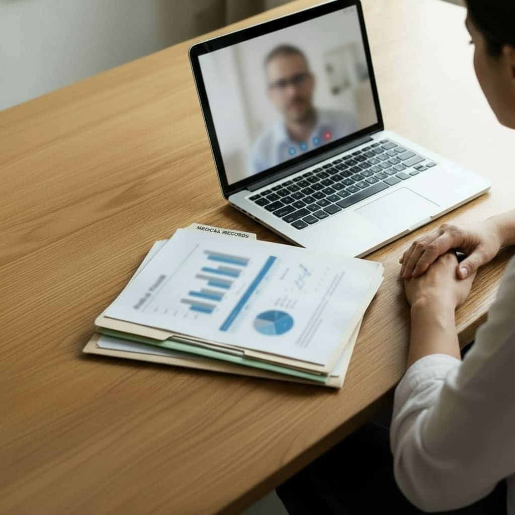 Woman sitting at table with stack of medical records talking with blurred out an on computer