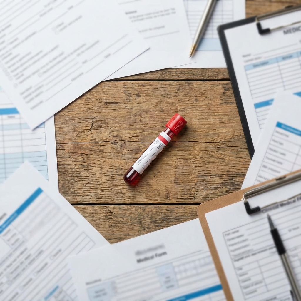 Blood vial with lab reports