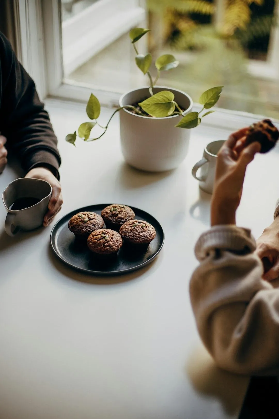 Two people sitting at table drinking coffee with plate of muffins and potted plant between them