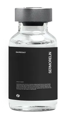 Sermorelin vial with a minimalist black label and gray stopper, used for men's health and wellness.